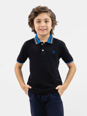 Black Pique Polo With Blue Collar