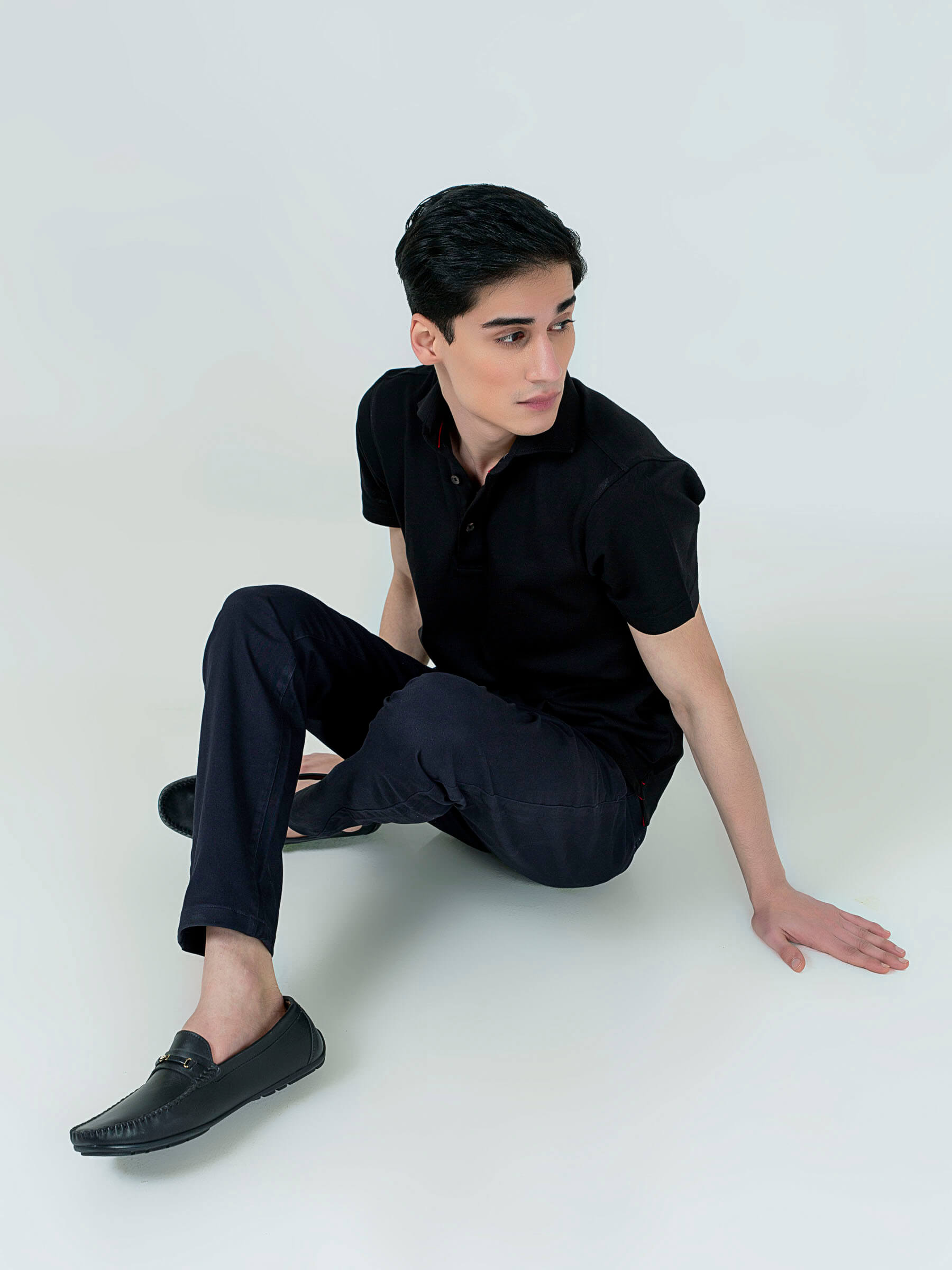 Black Pique Polo With Cutaway Collar