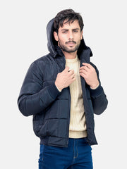 Black Quilted Puffer Jacket With Detachable Hoodie