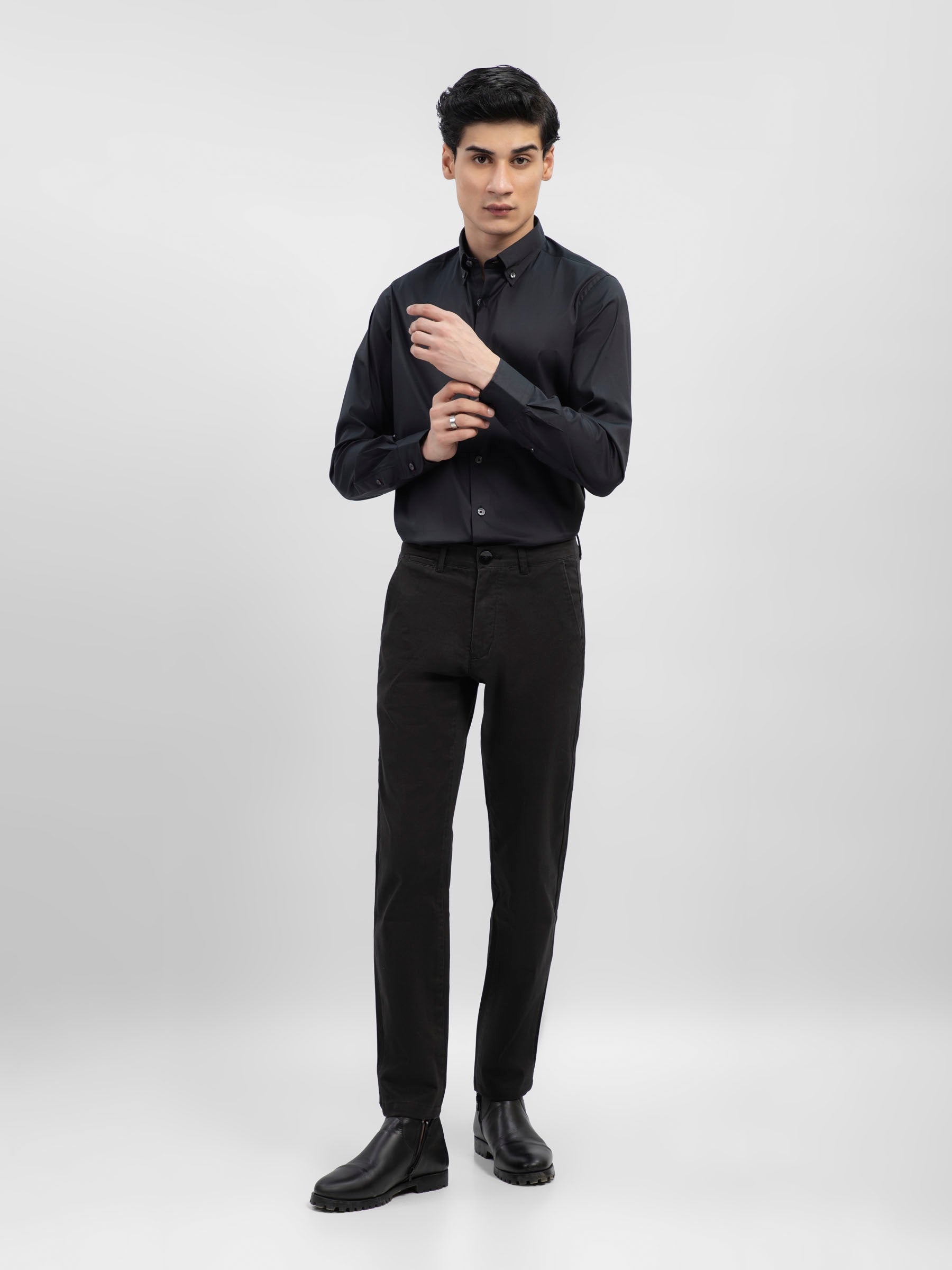 Black Satin Button Down Shirt With Detailing