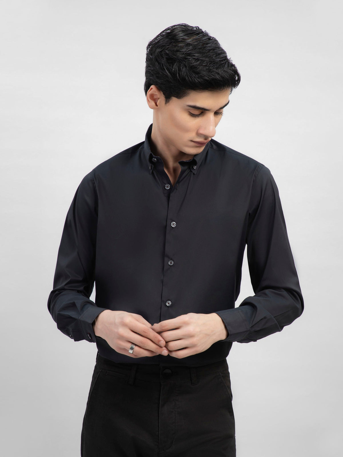 Black Satin Button Down Shirt With Detailing