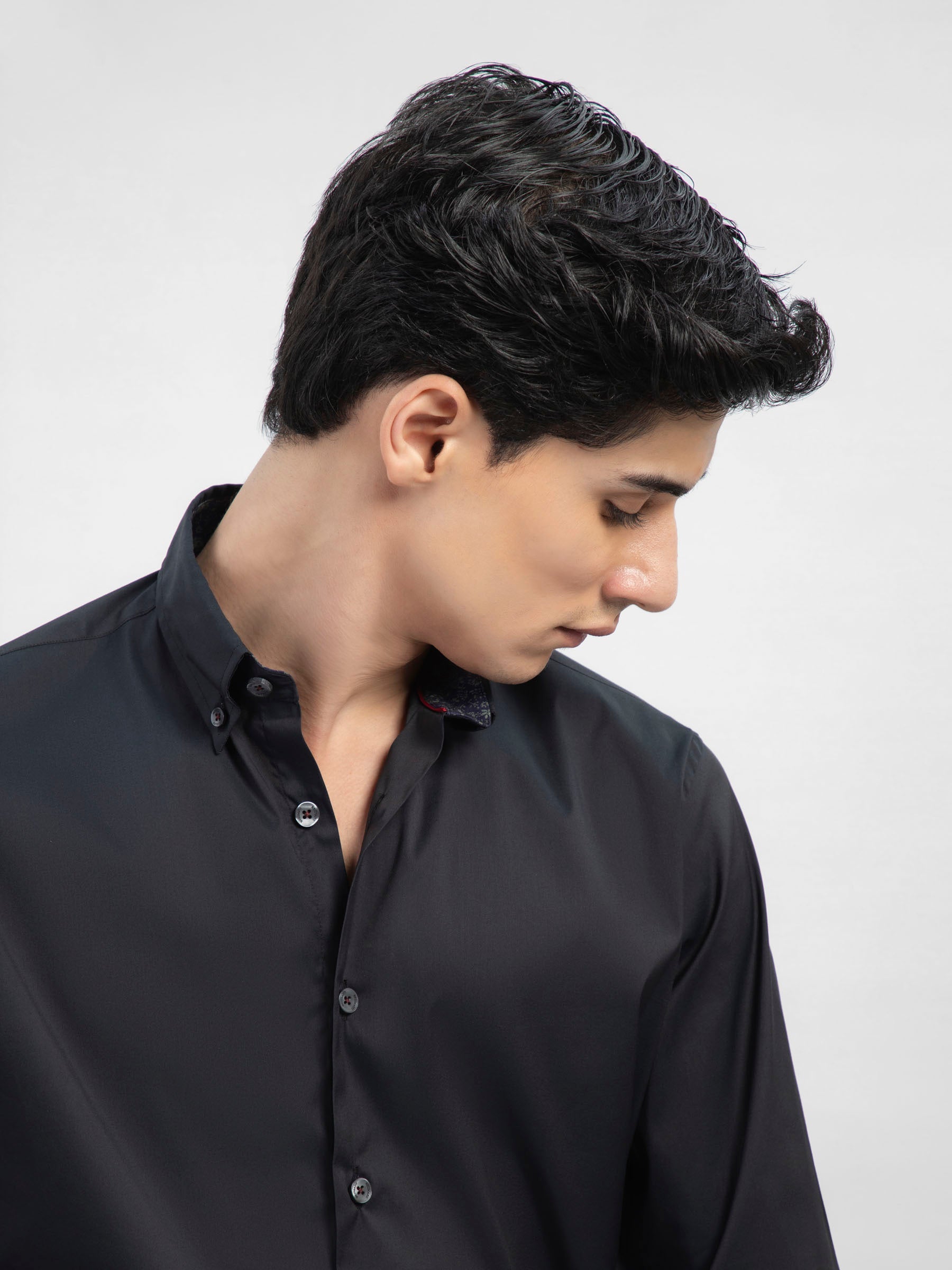 Black Satin Button Down Shirt With Detailing