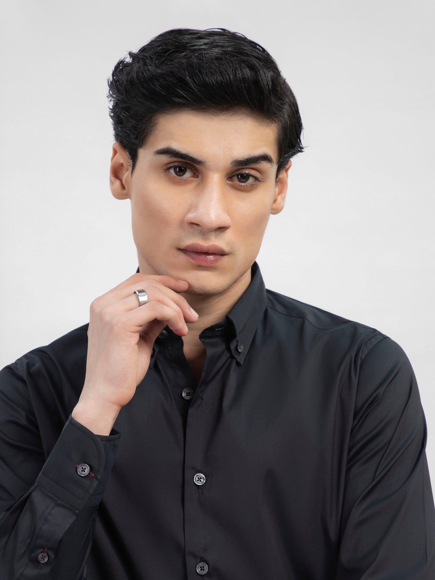 Black Satin Button Down Shirt With Detailing