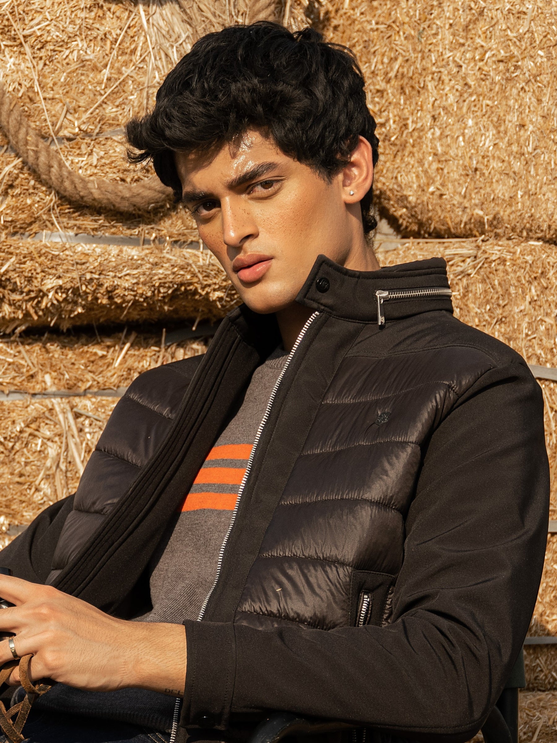Black Two Tone Quilted Jacket With Silver Zip