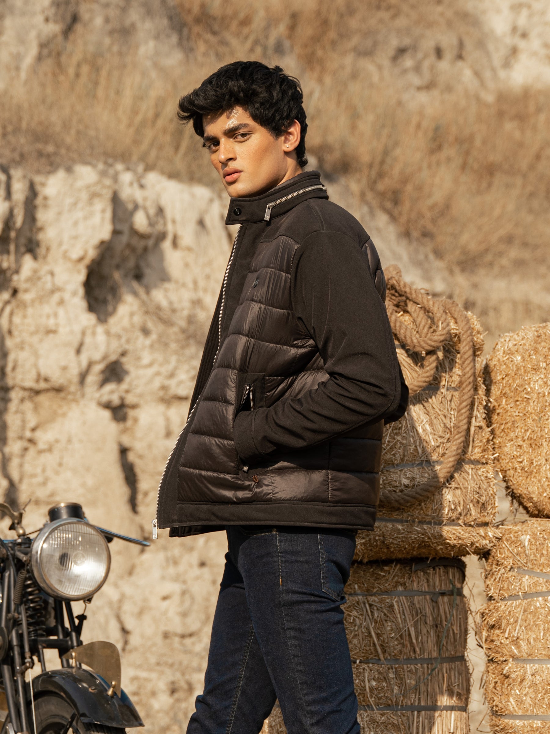 Black Two Tone Quilted Jacket With Silver Zip