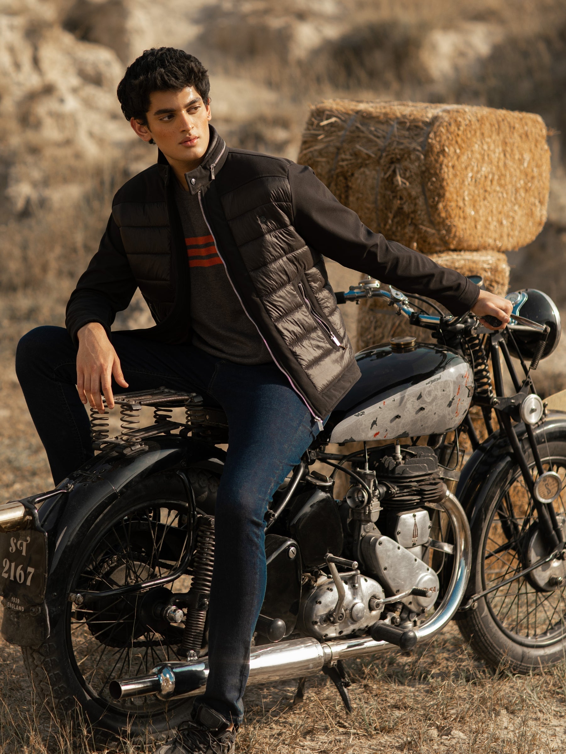 Black Two Tone Quilted Jacket With Silver Zip