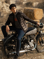 Black Two Tone Quilted Jacket With Silver Zip