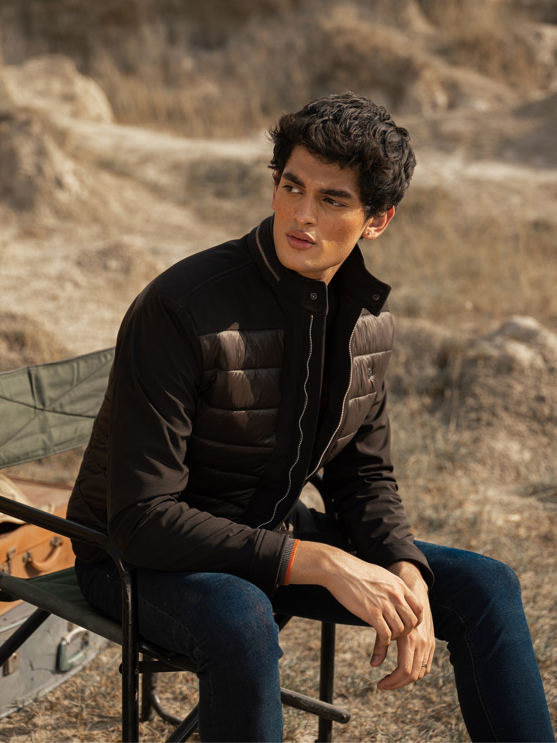 Black Two Tone Quilted Jacket With Silver Zip
