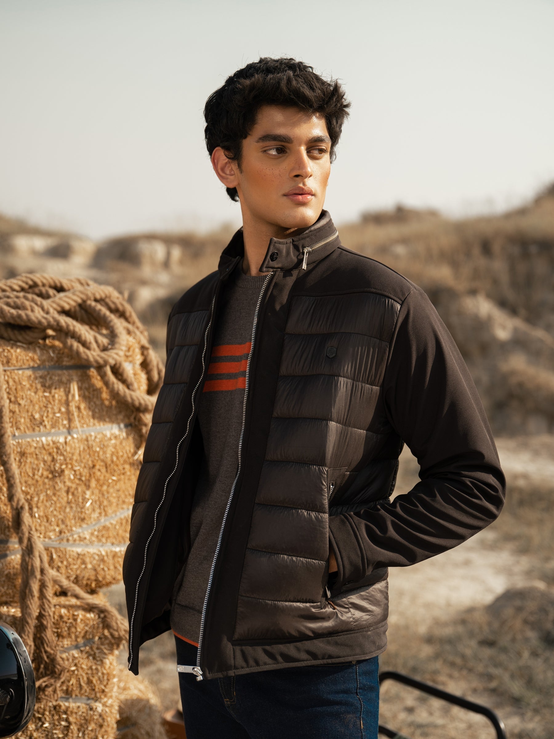 Black Two Tone Quilted Jacket With Silver Zip