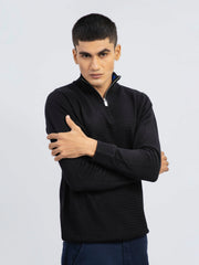 Black Wool Textured Half-Zip Sweater