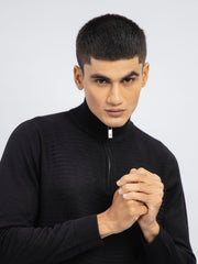 Black Wool Textured Half-Zip Sweater