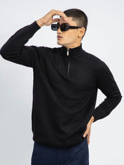 Black Wool Textured Half-Zip Sweater