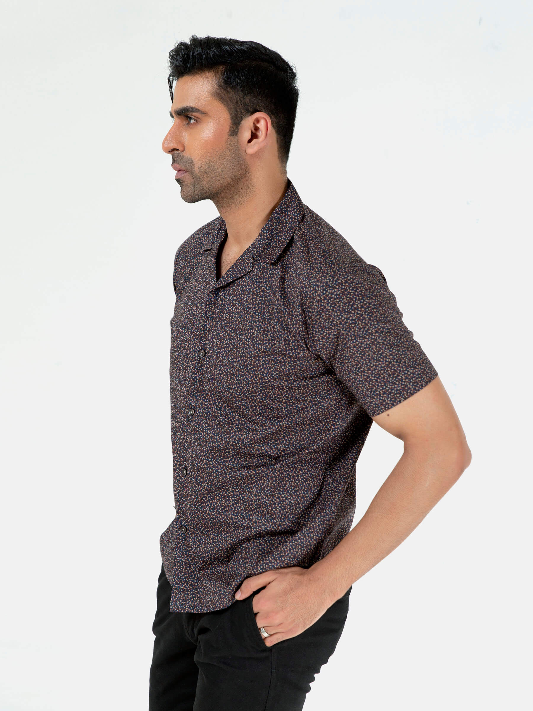 Black & Brown Printed Half Sleeve Cuban Collar Shirt