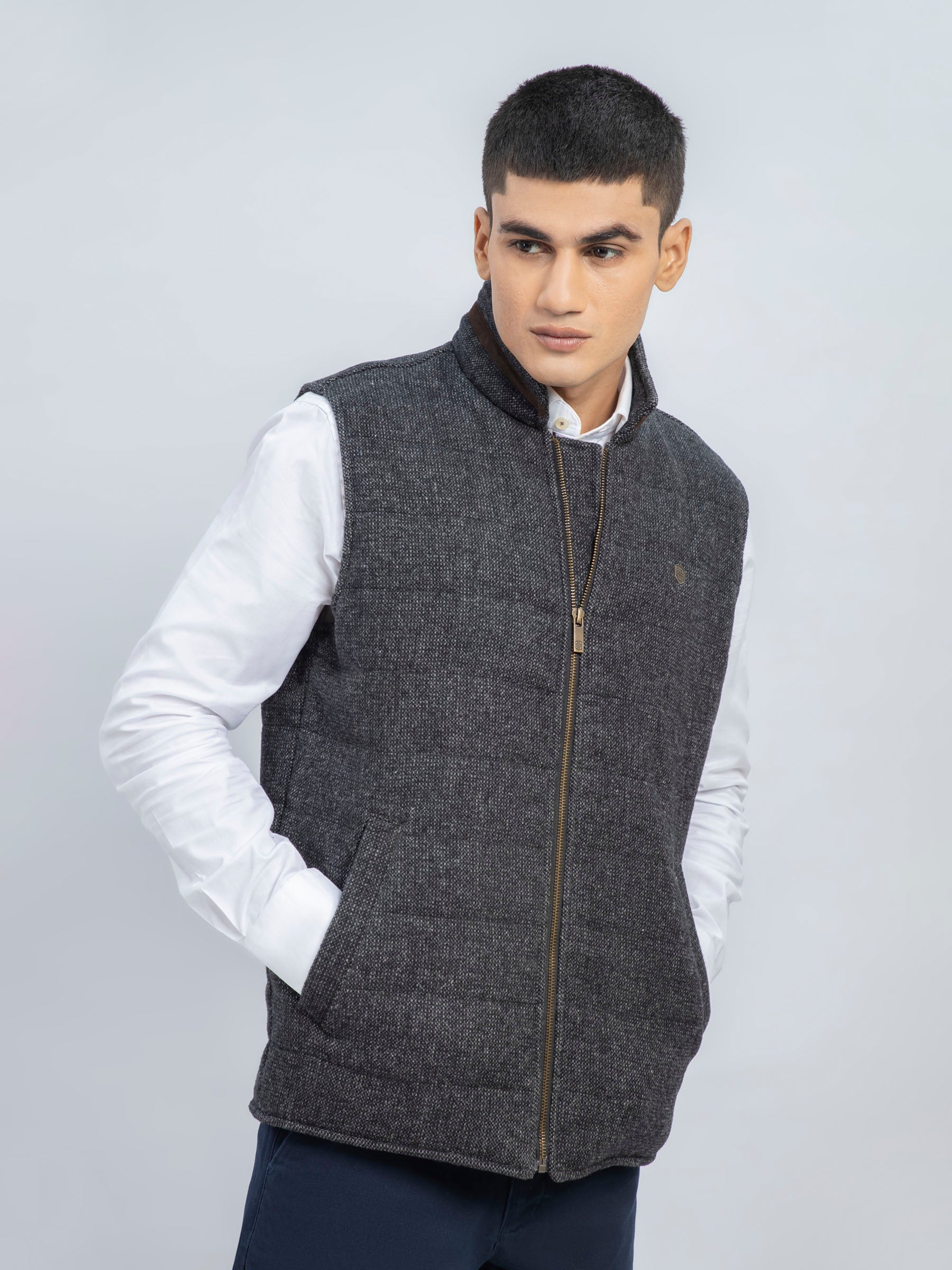 Black & Grey Structured Wool Blended Sleeveless Quilted Jacket
