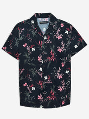 Black & Pink Floral Printed Cuban Collar Shirt