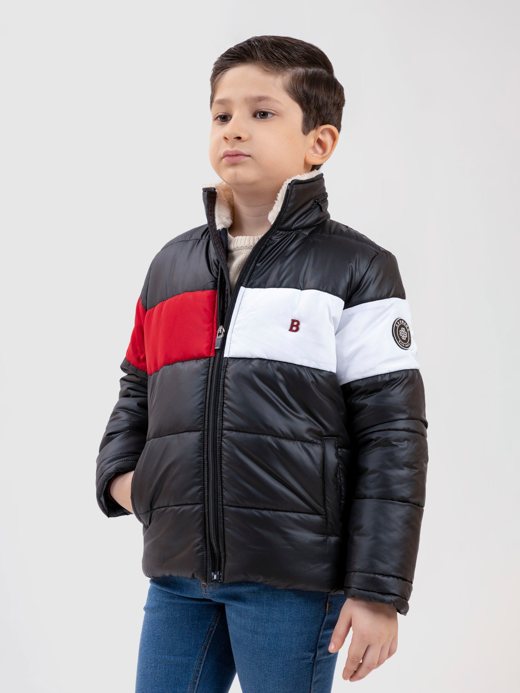 Black & Red Casual Puffer Jacket With Sherpa & Hidden Hoodie - Unisex