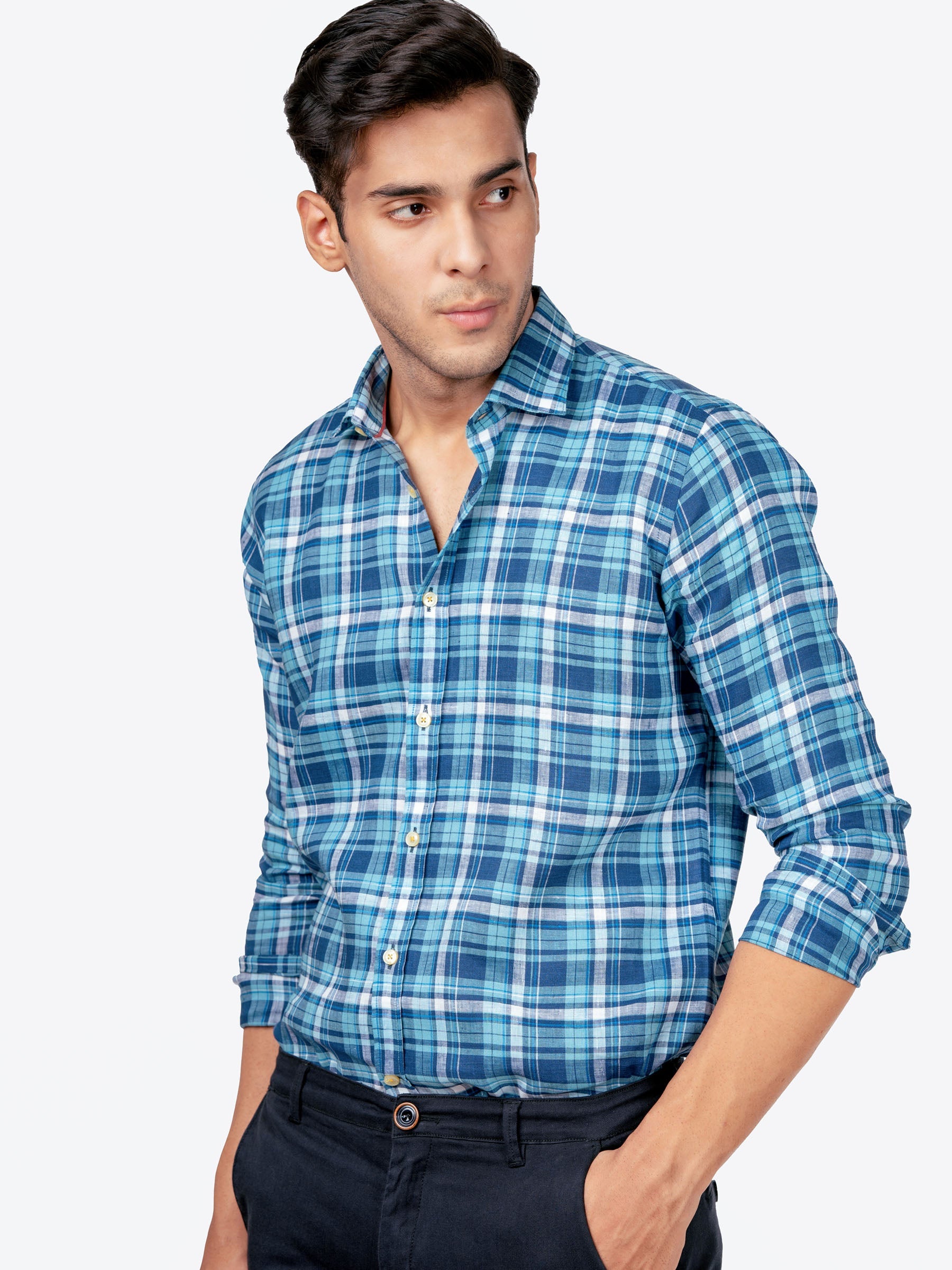 Blue 100% Linen Checkered Shirt