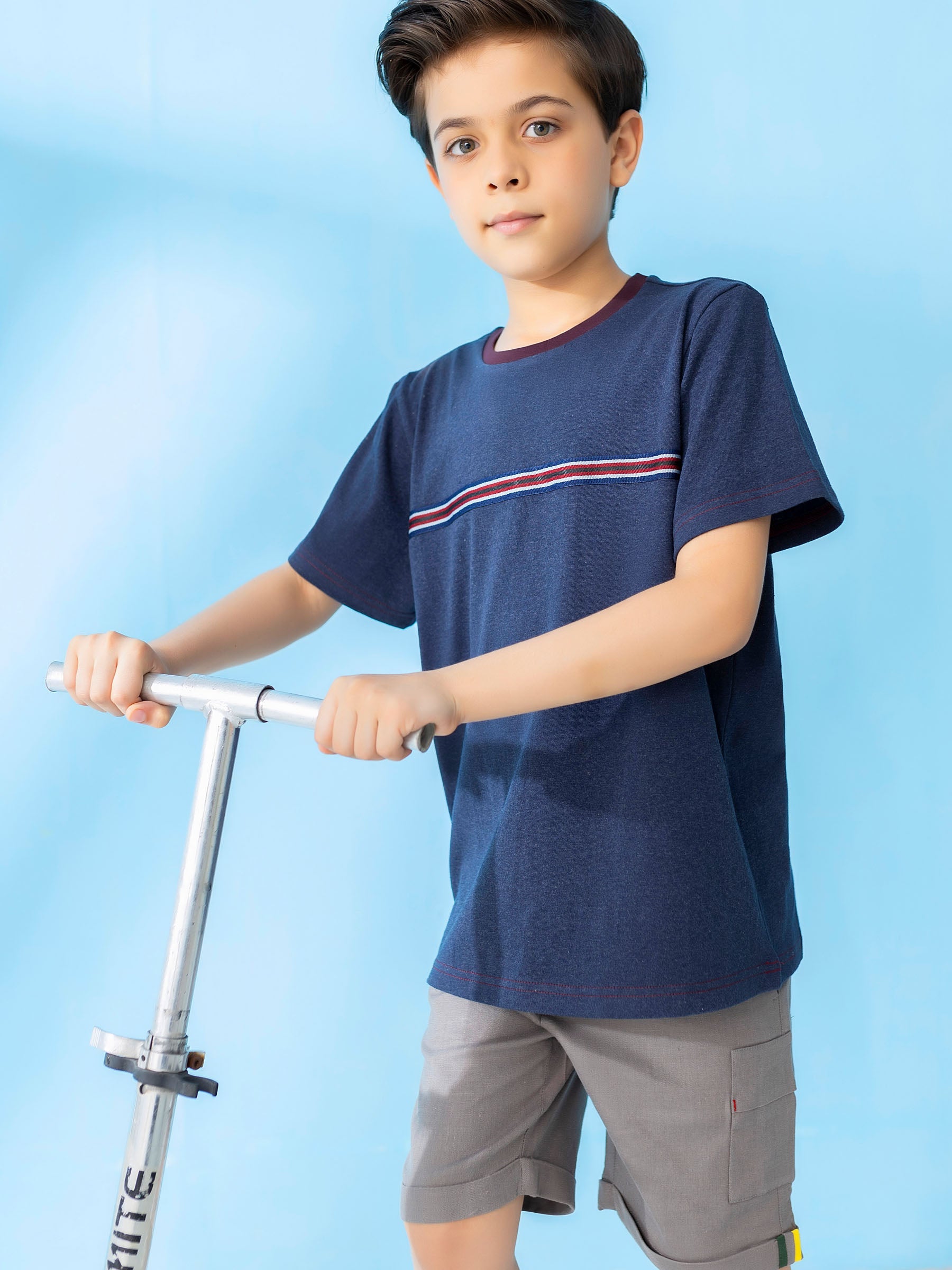 Blue Casual T-Shirt With Striped Detailing