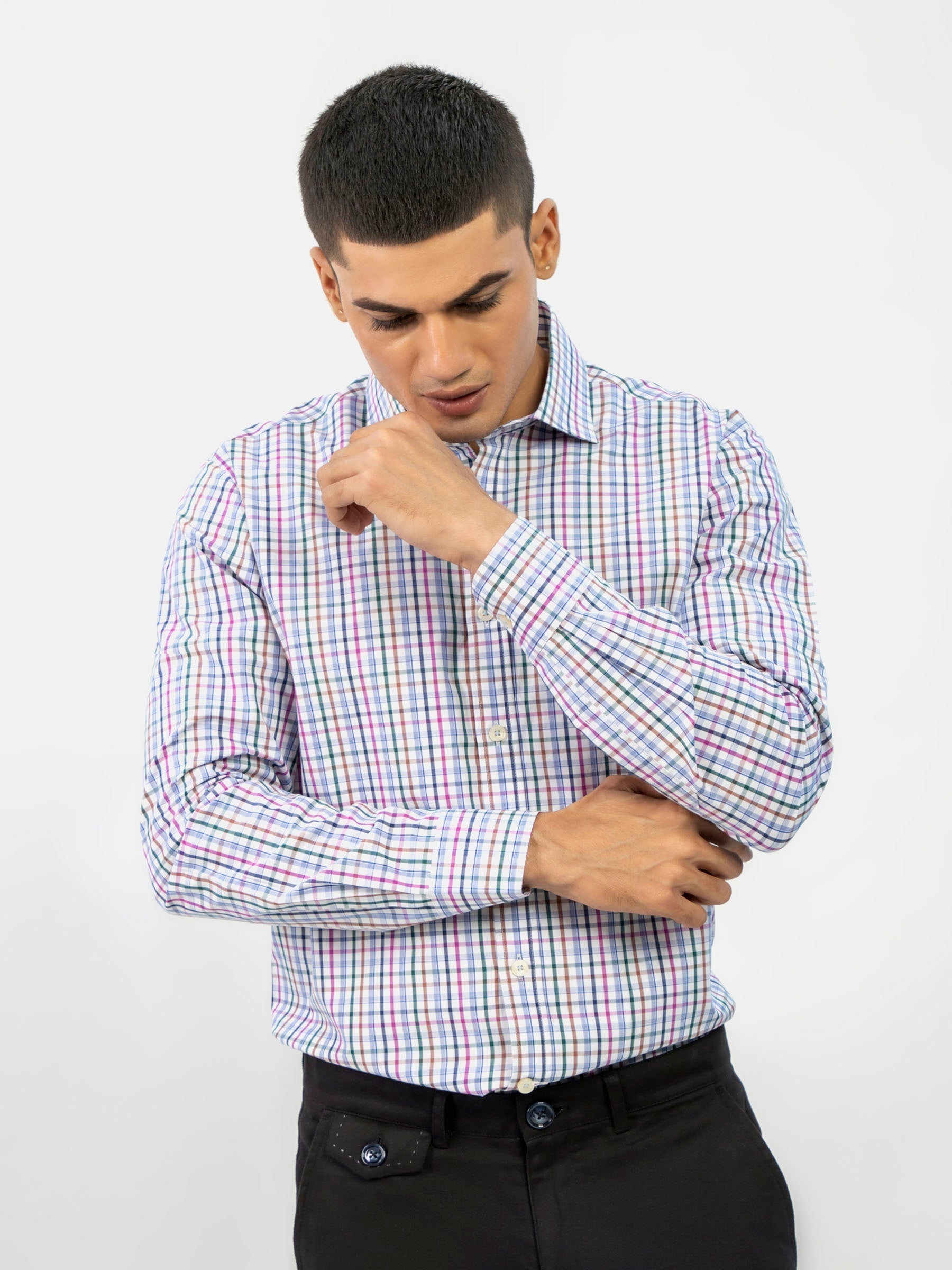 Blue Checkered Formal Shirt With Classic Collar