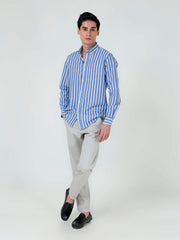 Blue Cotton Linen Striped Button Down Shirt