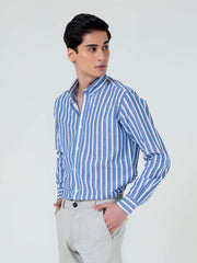 Blue Cotton Linen Striped Button Down Shirt