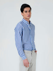 Blue Cotton Linen Striped Button Down Shirt