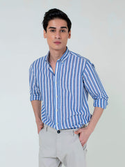Blue Cotton Linen Striped Button Down Shirt