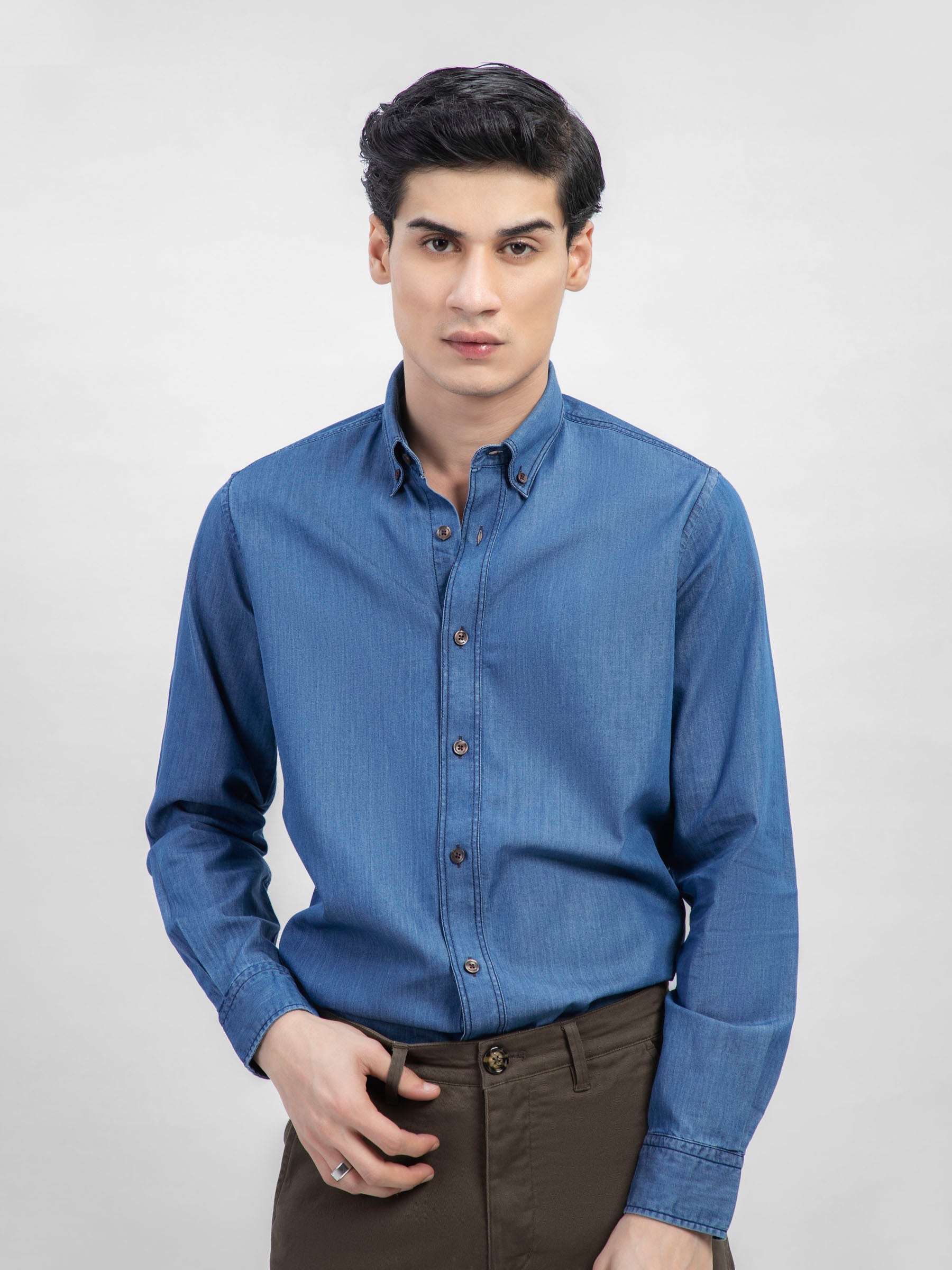 Blue Denim Shirt with Button Down Collar