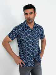 Blue Floral Printed Half Sleeve Cuban Collar Shirt