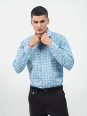 Blue Geometric Printed Shirt With Shallow Collar - Exclusive