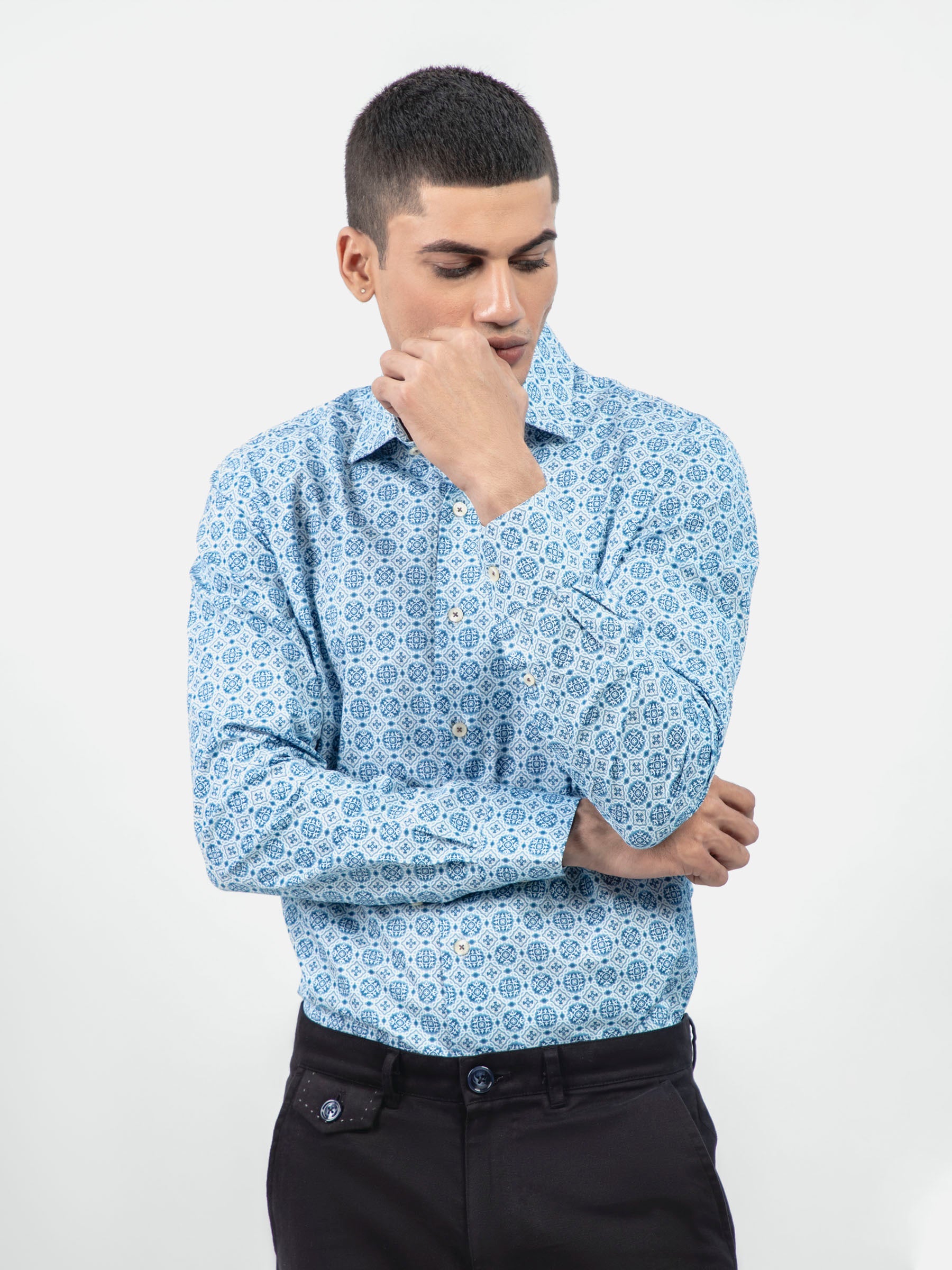 Blue Geometric Printed Shirt With Shallow Collar - Exclusive