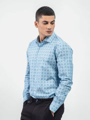 Blue Geometric Printed Shirt With Shallow Collar - Exclusive