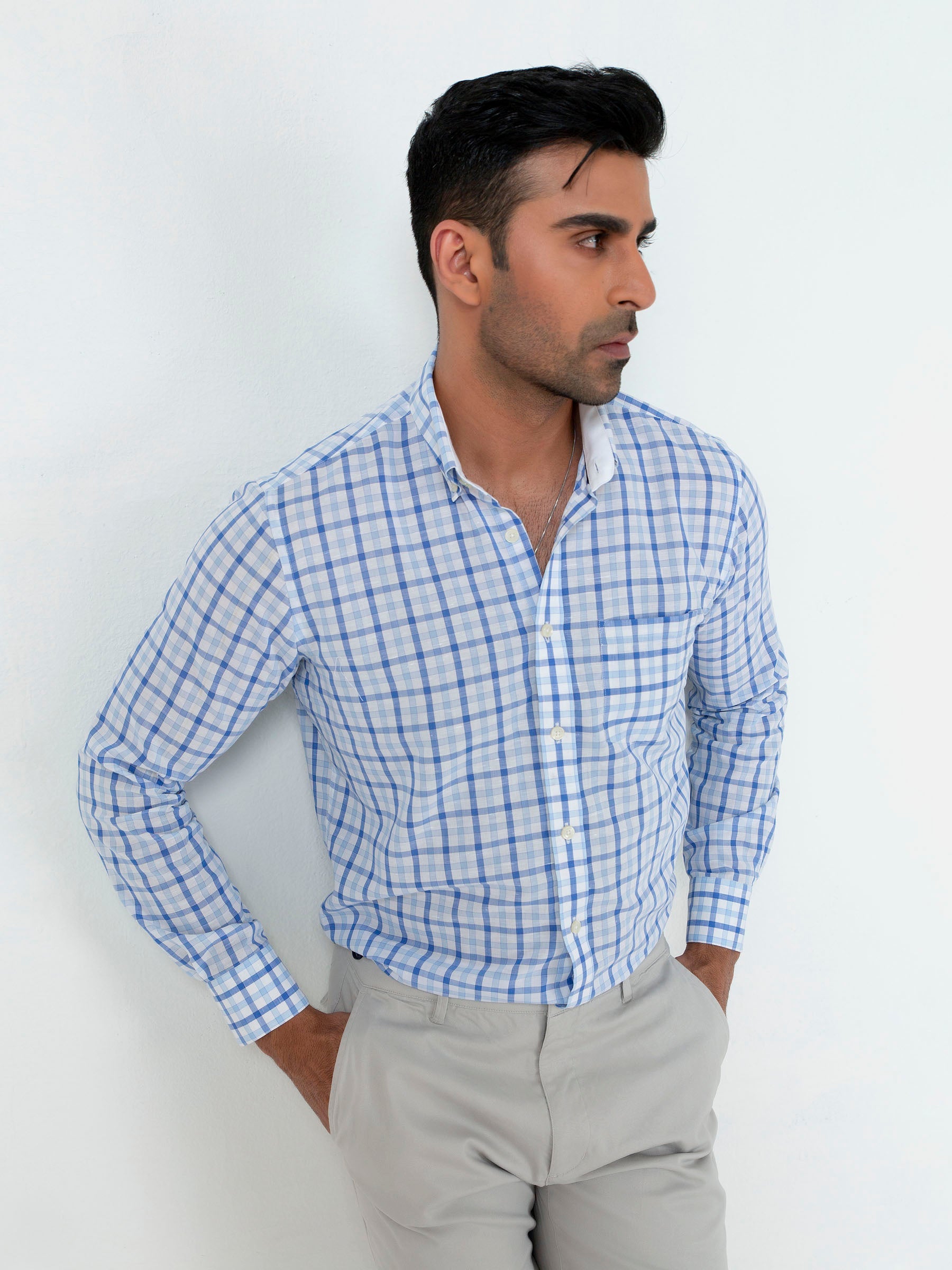 Blue Gingham Cotton/Linen Button Down Shirt