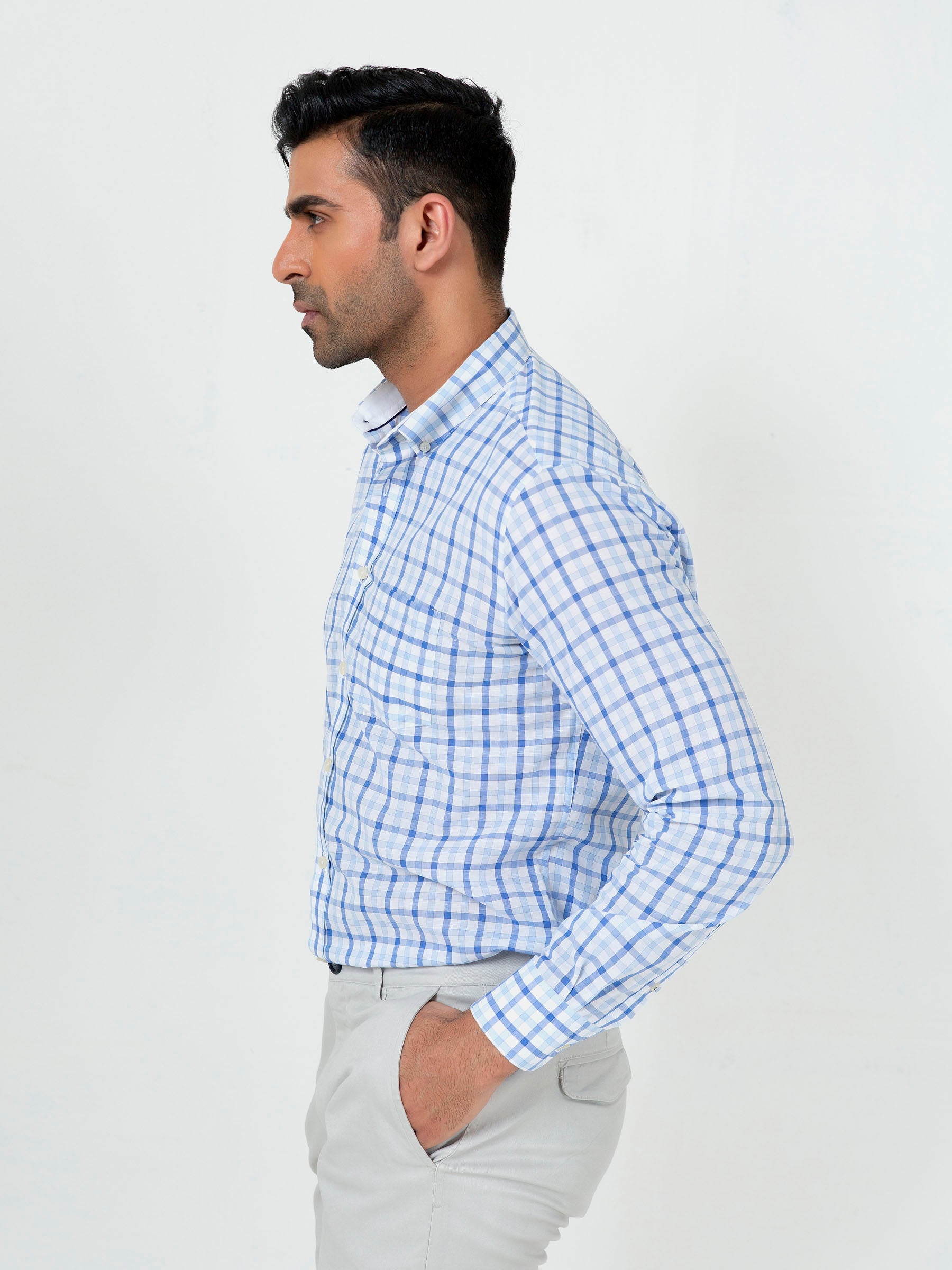 Blue Gingham Cotton/Linen Button Down Shirt