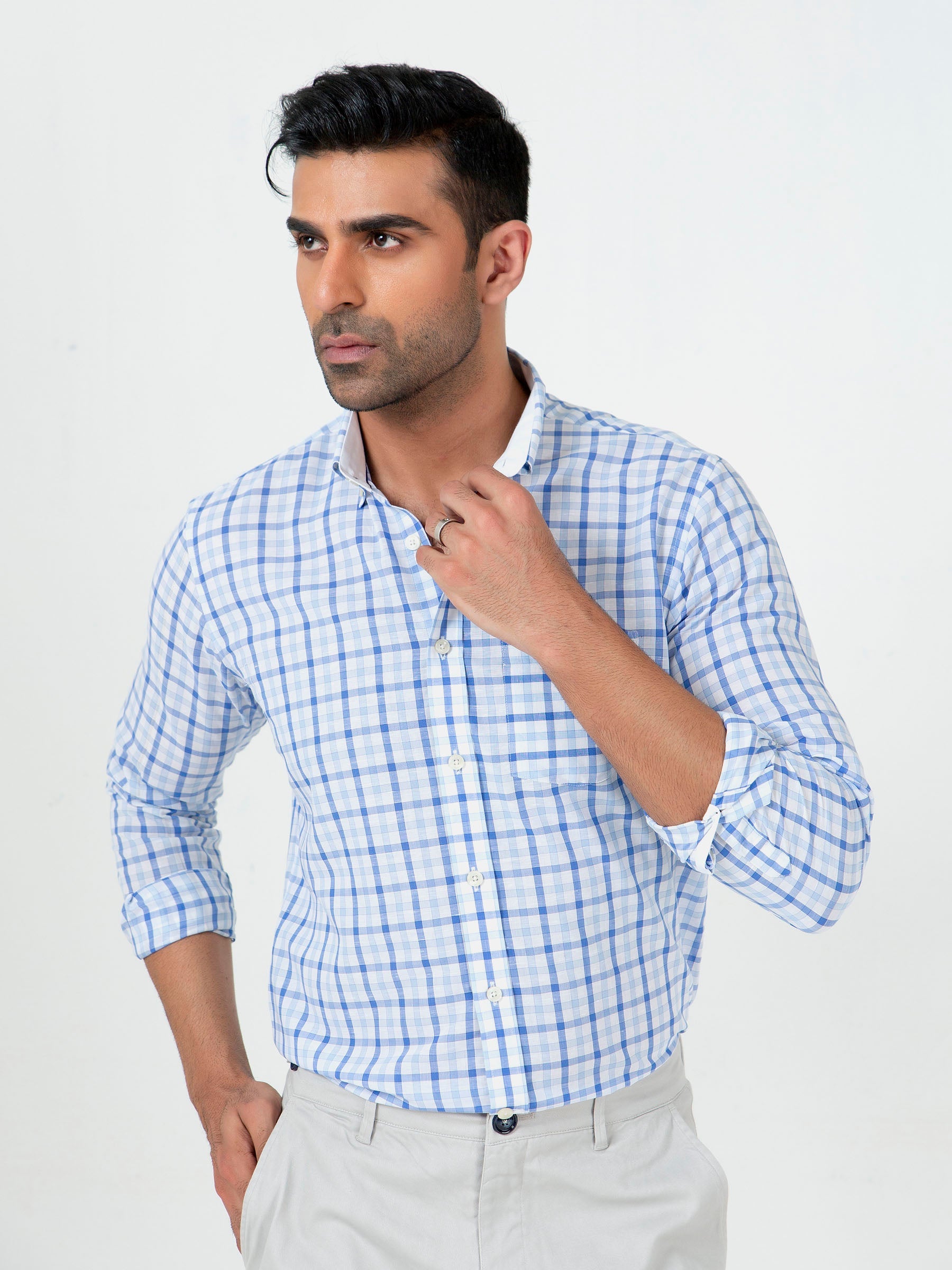 Blue Gingham Cotton/Linen Button Down Shirt