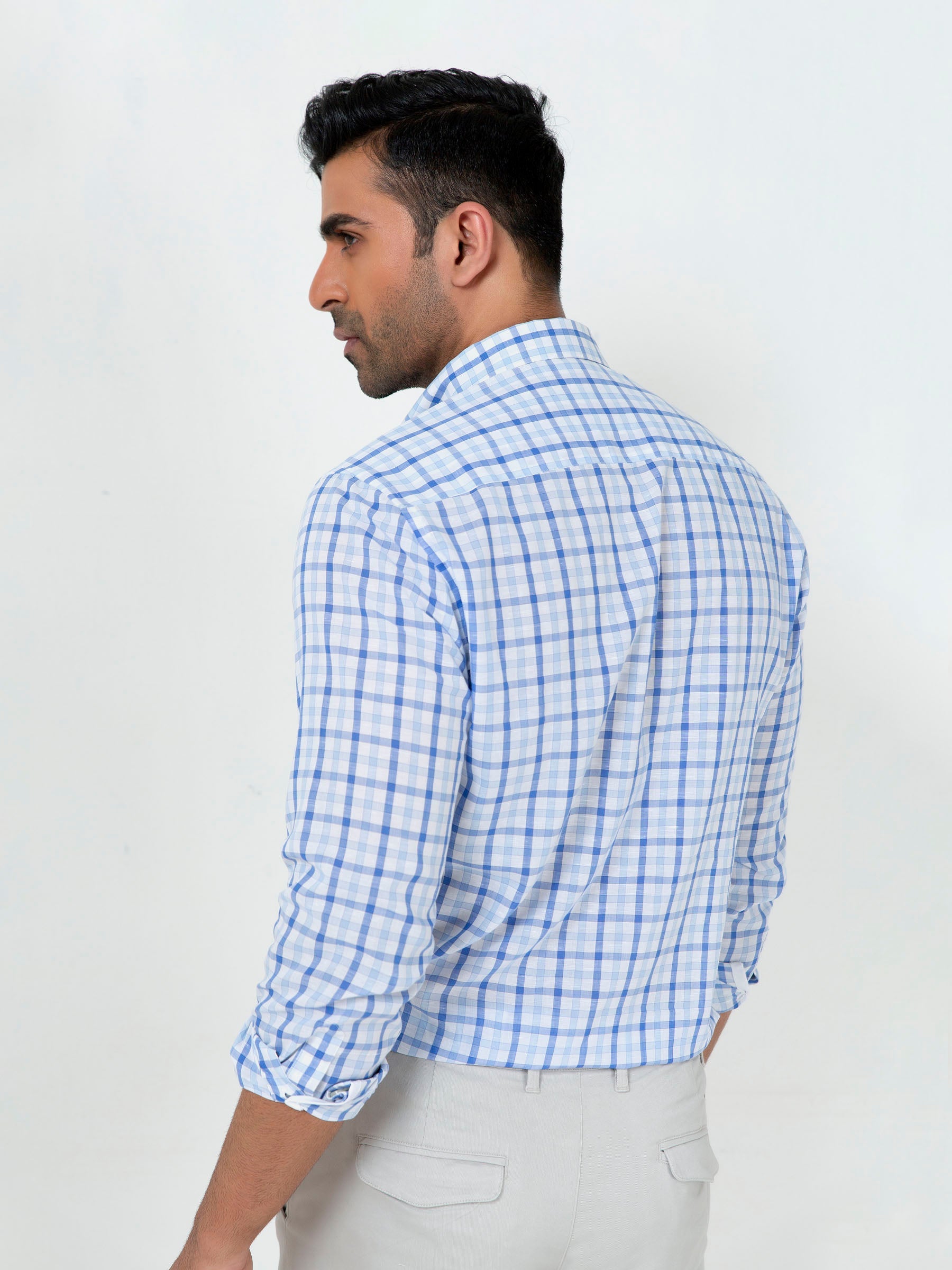 Blue Gingham Cotton/Linen Button Down Shirt