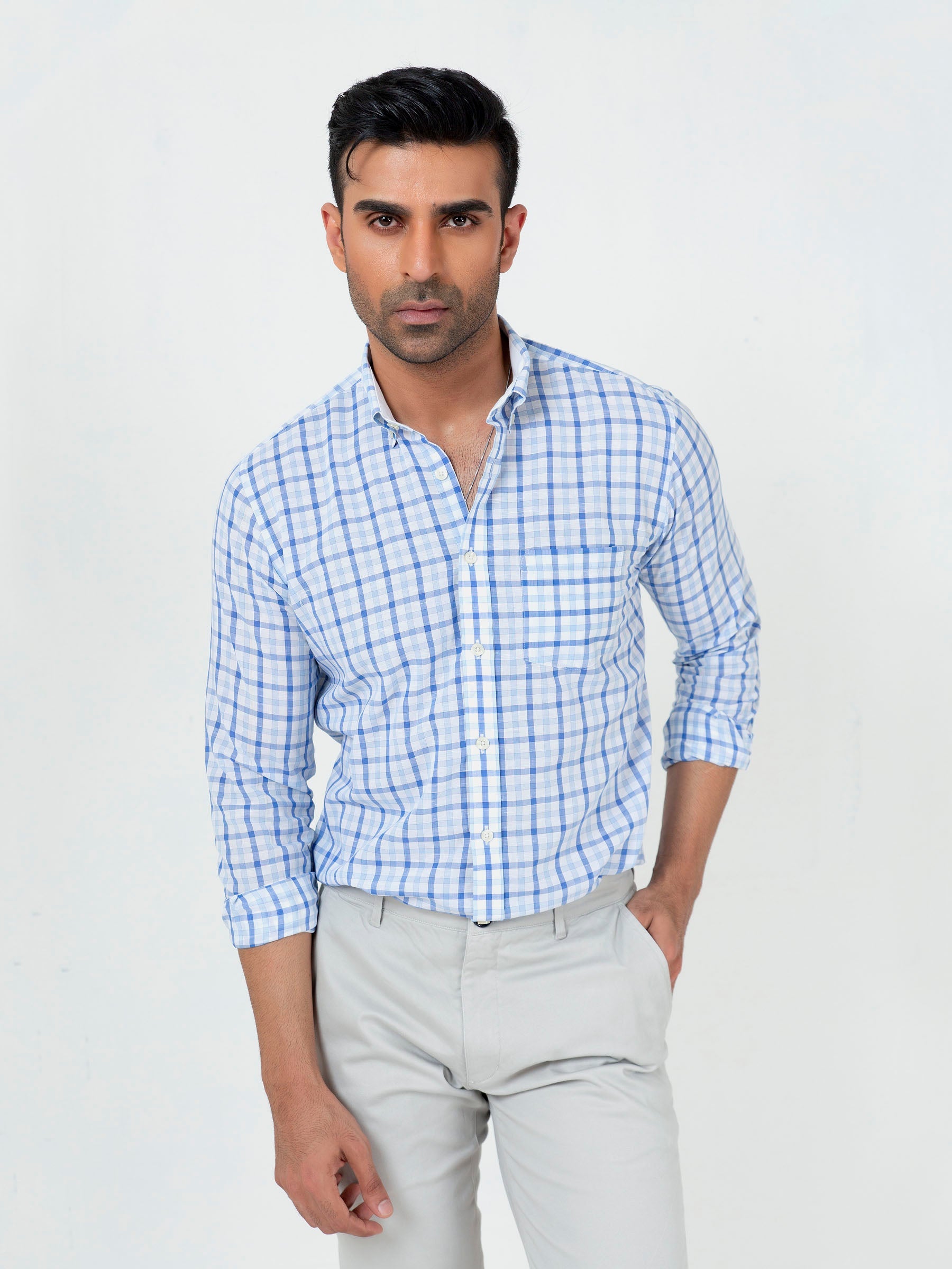 Blue Gingham Cotton/Linen Button Down Shirt