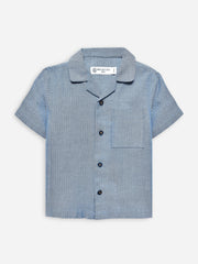 Blue Herringone Cuban Collar Half Sleeve Shirt