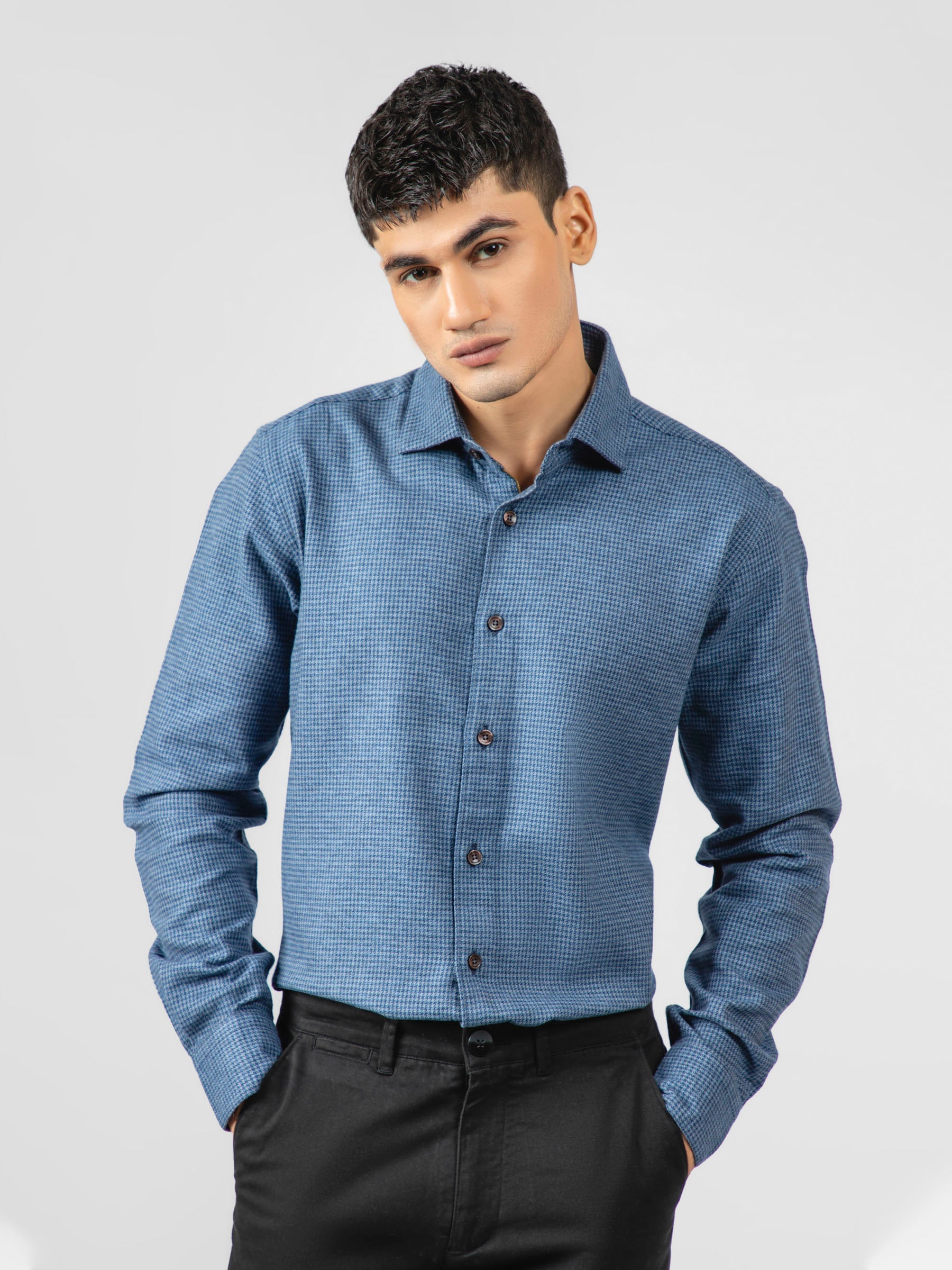 Blue Houndstooth Patterned Flannel Shirt