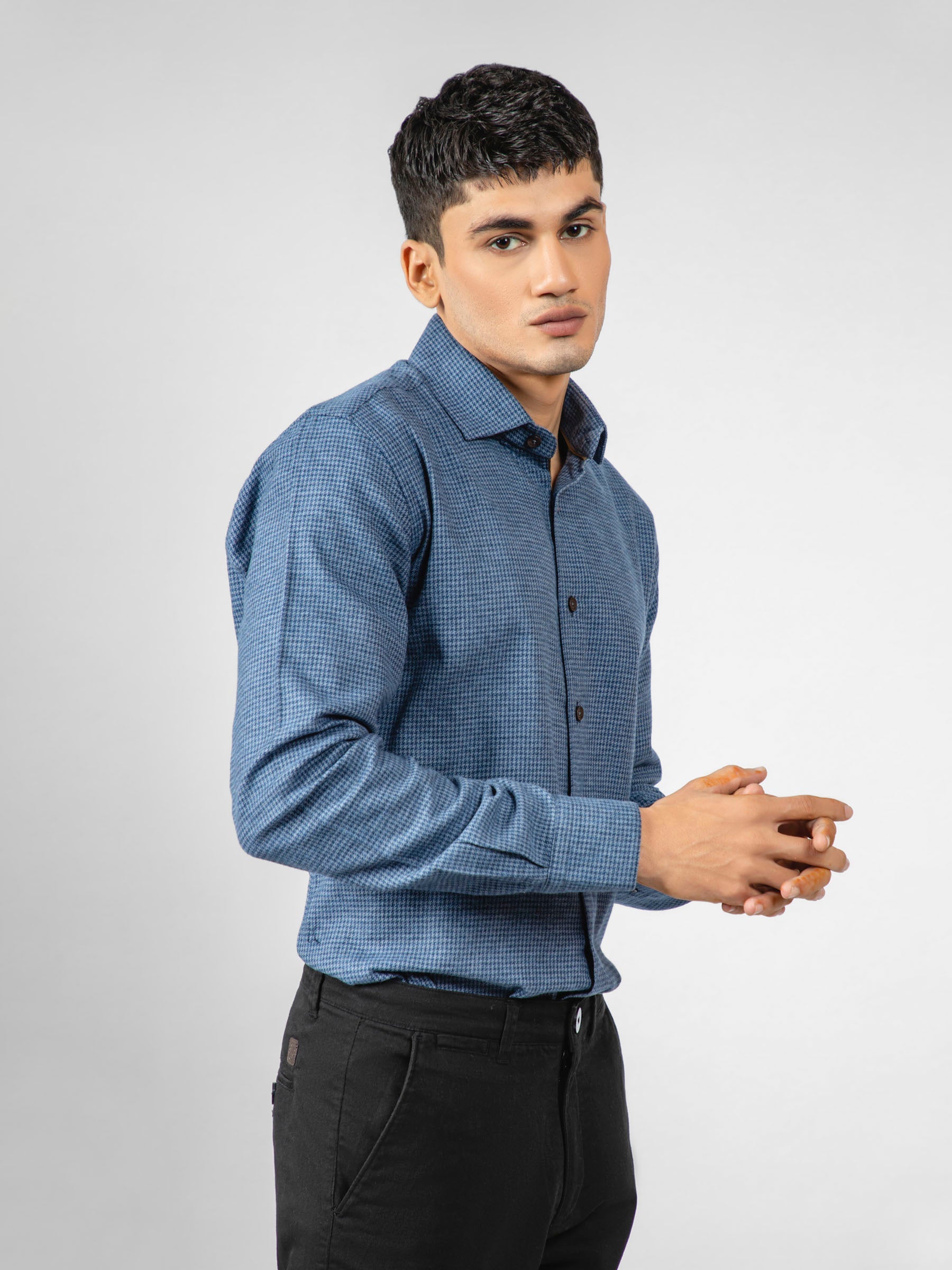 Blue Houndstooth Patterned Flannel Shirt