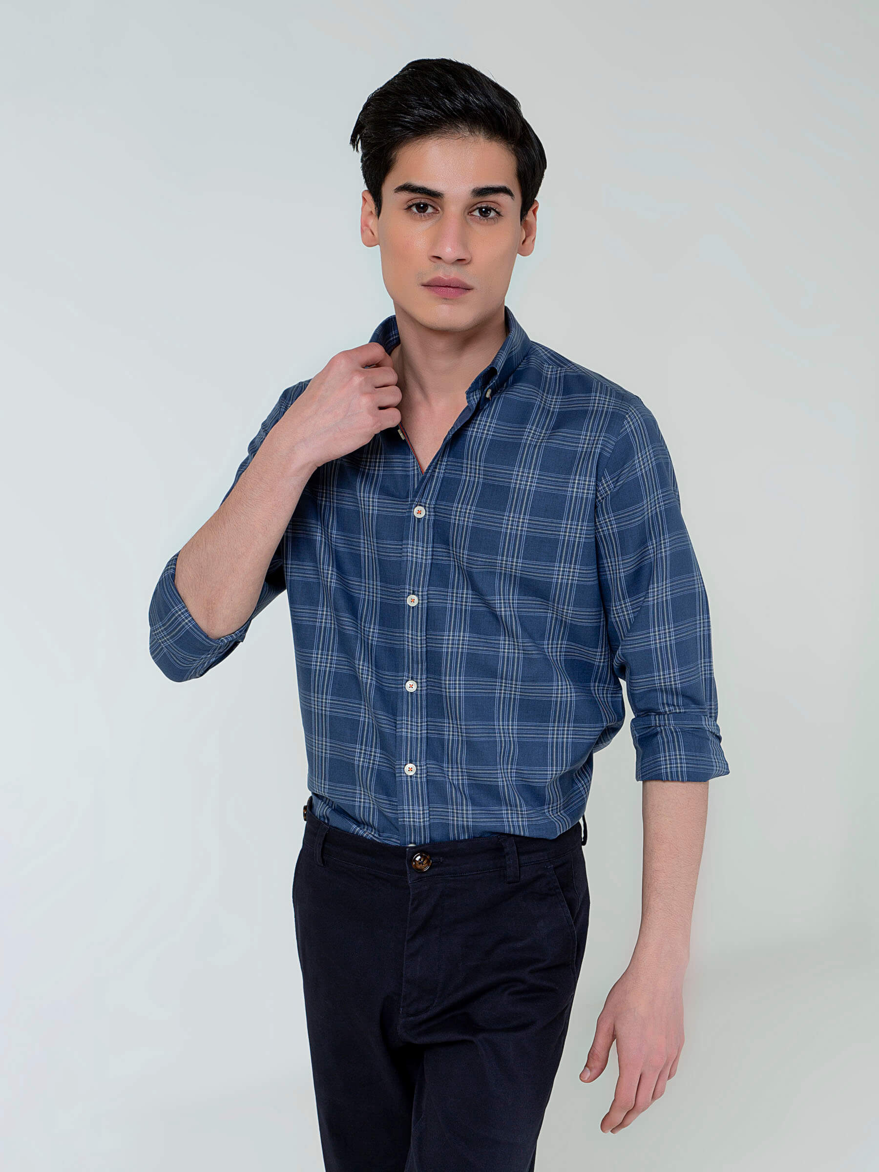 Blue Light Weight Checkered Button Down Shirt