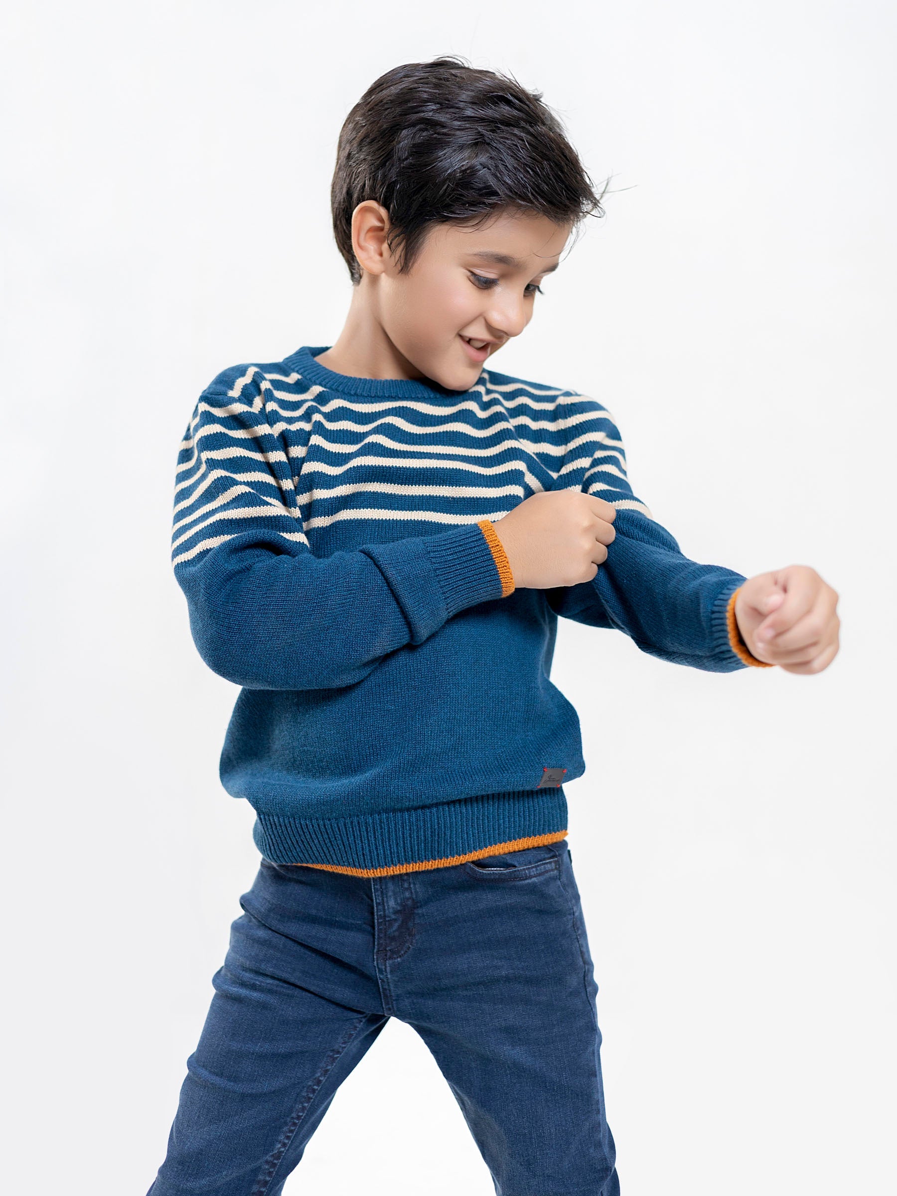 Blue & Beige Striped Casual Jumper