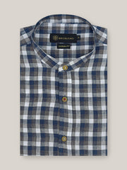 Blue & Brown Linen Mao Collar Shirt