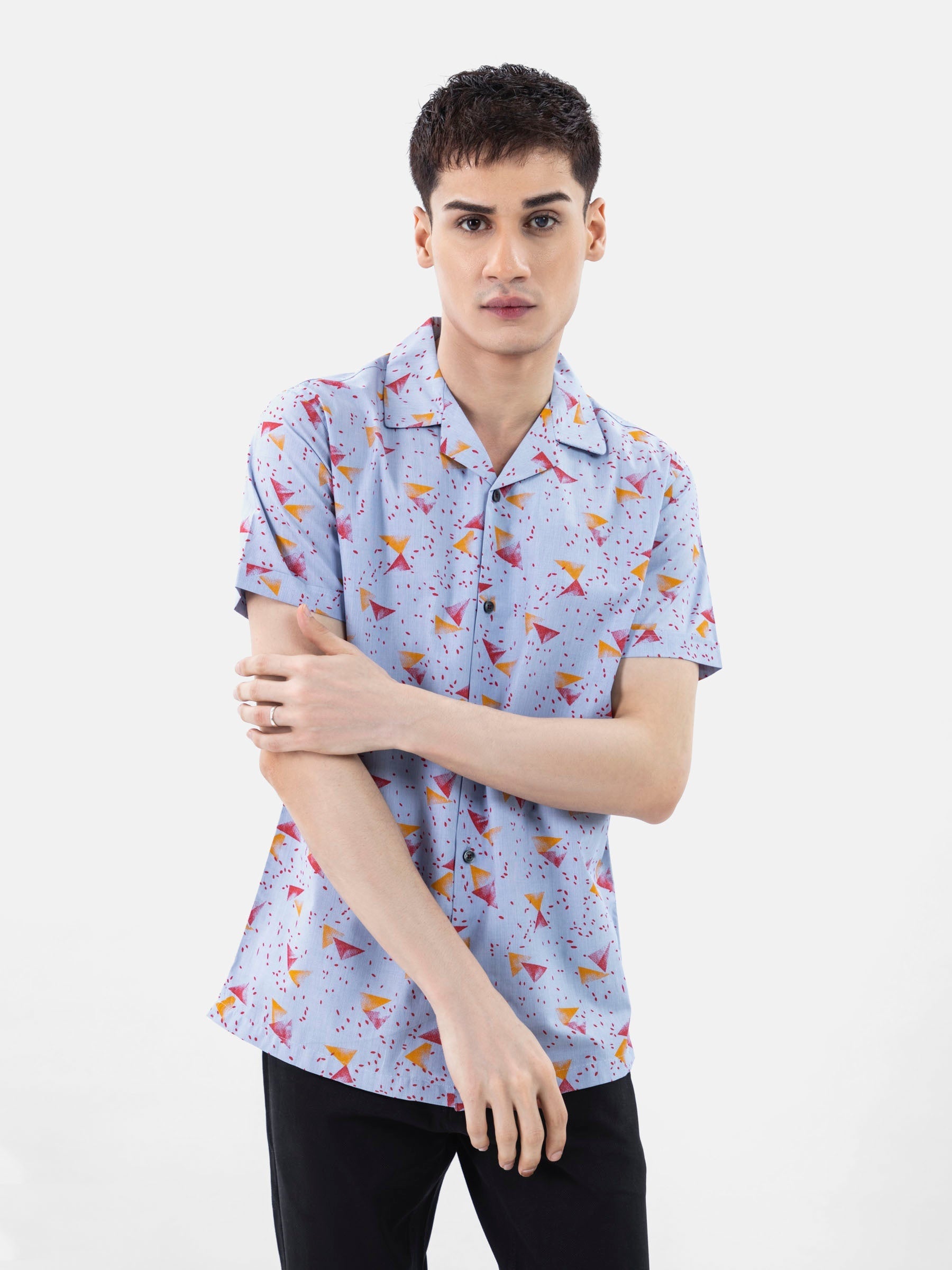 Blue & Red Abstract Printed Half Sleeve Cuban Collar Shirt
