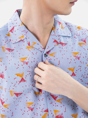 Blue & Red Abstract Printed Half Sleeve Cuban Collar Shirt