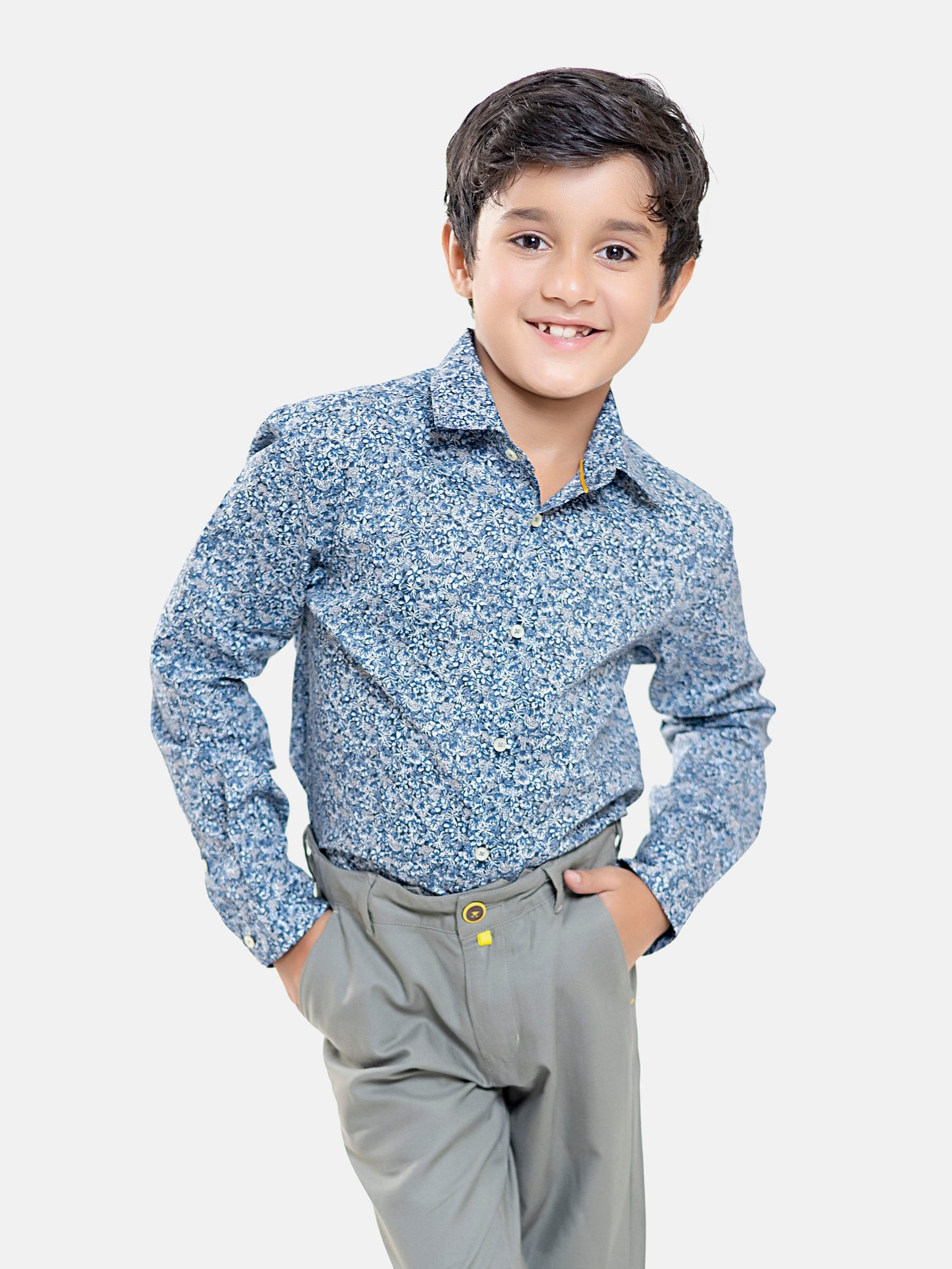 Blue & White Floral Printed Long Sleeve Casual Shirt