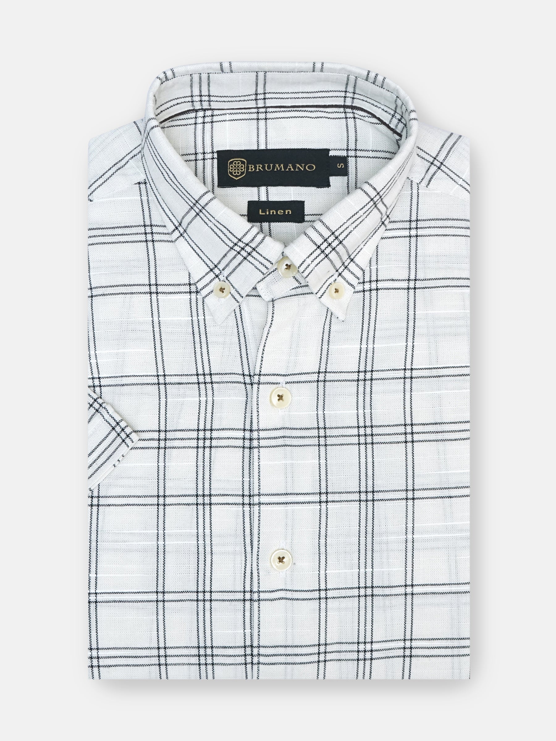 Beige & Black Linen Checkered Half Sleeve Shirt
